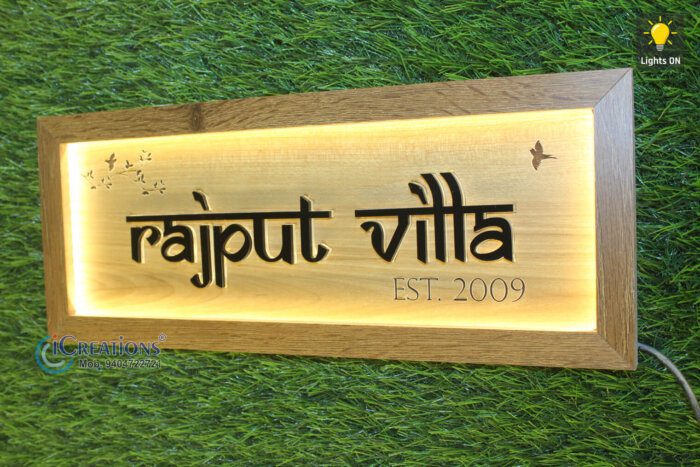 Wooden Home Name Plate with inbuilt LED lights