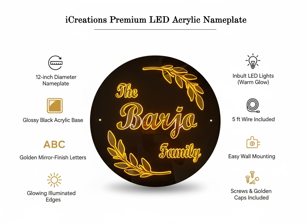Black name plate with LED light barjo info (1) iCreations Personalized Round Black Name Plate with LED Light - Glossy Acrylic (12-inch) Black name plate with LED light