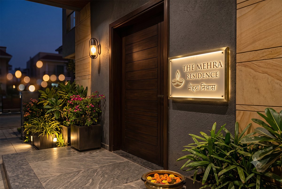 25+ Acrylic Name Plate Designs for Home with Prices (2026 Guide) 3 LED-backlit acrylic name plate glowing at a home entrance at dusk