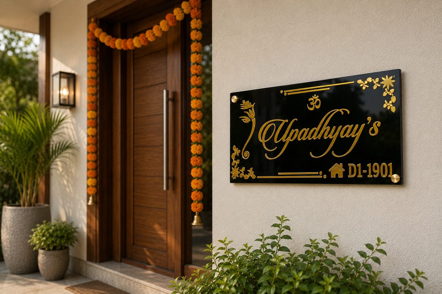 Name Plate Price in India: The Complete 2026 Cost Guide 4 Customised acrylic name plate priced around ₹999 on a premium home entrance