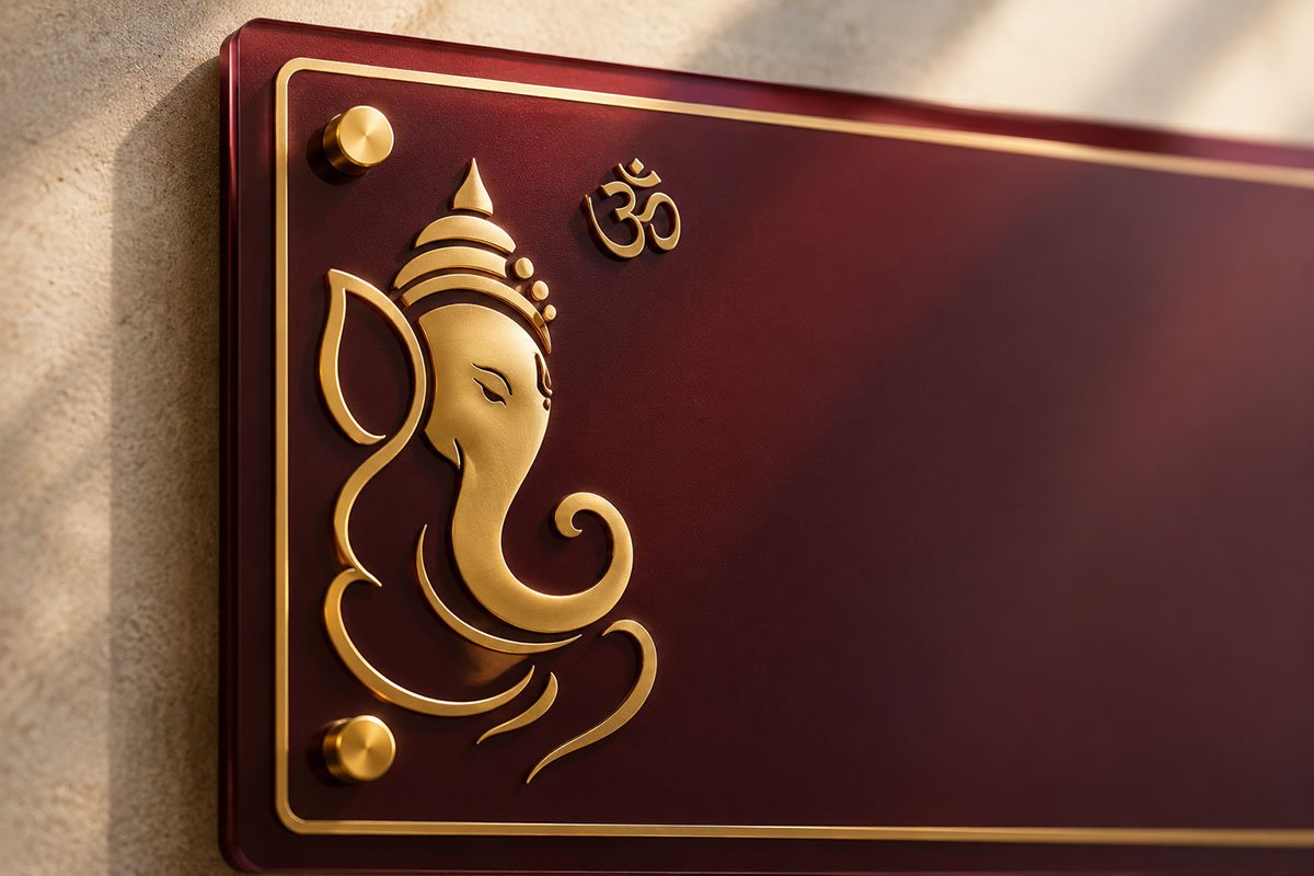 Vastu for Name Plate: Right Direction, Colour & Placement (2026 Guide) 4 Ganesha and Om symbols on an auspicious Vastu name plate