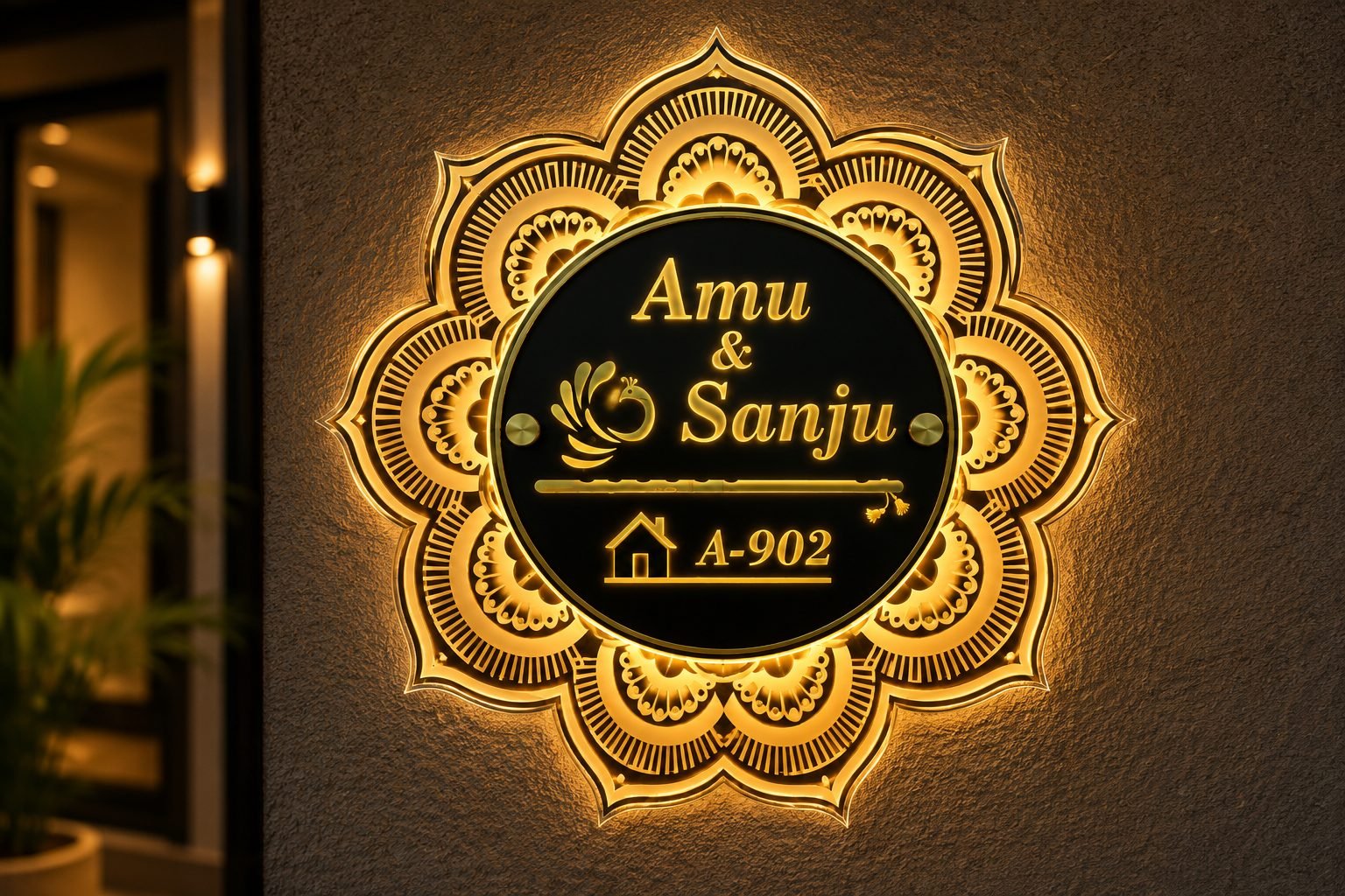 Laser cut mandala name plate with intricate acrylic detail glowing with LED backlight
