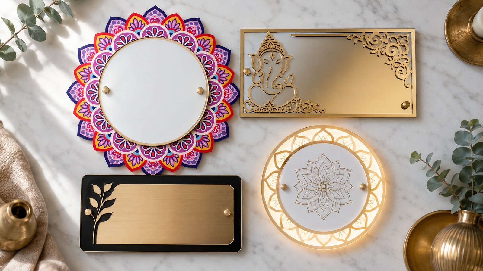A range of laser cut name plate design styles - mandala, motif, minimalist and LED