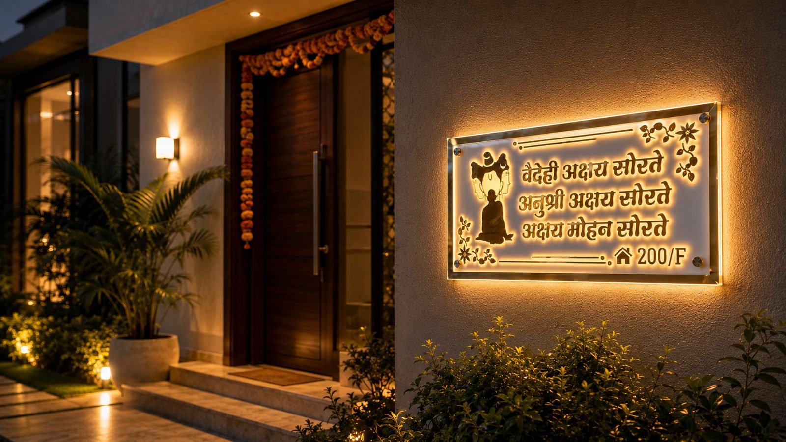 Name Plate Price in India: The Complete 2026 Cost Guide 3 LED backlit name plate glowing at a premium home entrance in the evening