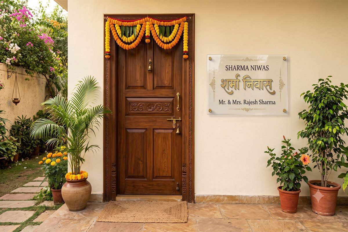 Best Marathi Nameplate Designs for Home Entrance (2026) | Premium & Customized 2 Marathi nameplate design on an Indian home entrance