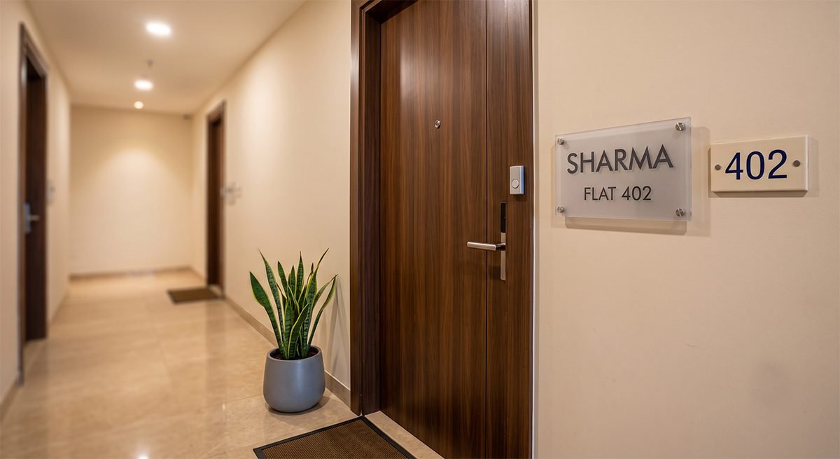 Name plate design for a flat door in an Indian apartment