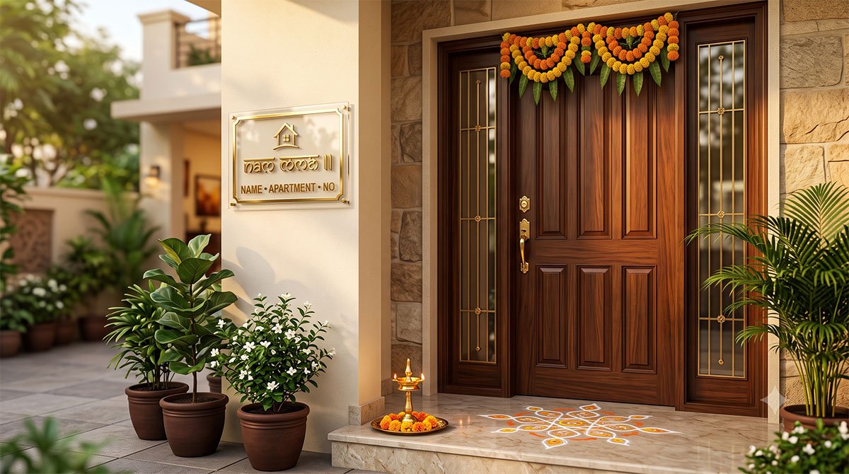 Vastu for name plate — compliant design at the main entrance of an Indian home