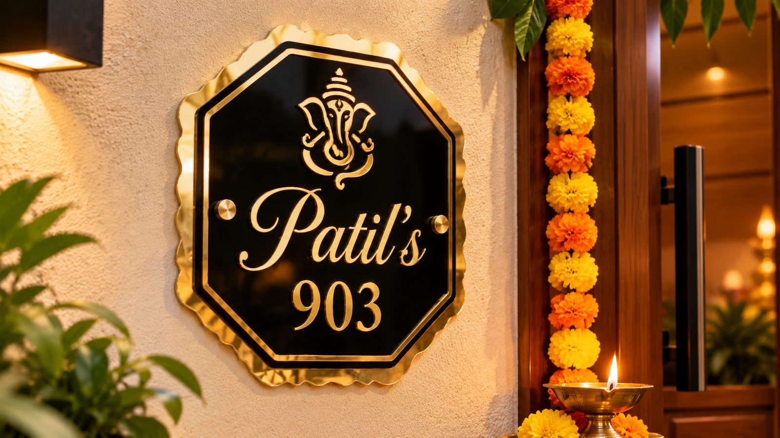 Auspicious Ganesha acrylic nameplate - an ideal griha pravesh housewarming gift