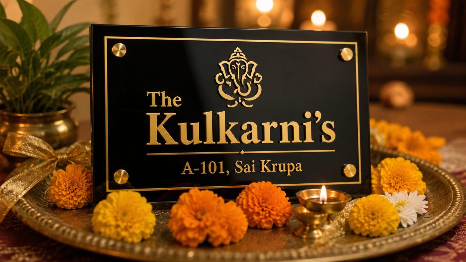 Griha pravesh gift - a personalised acrylic nameplate presented as a housewarming gift