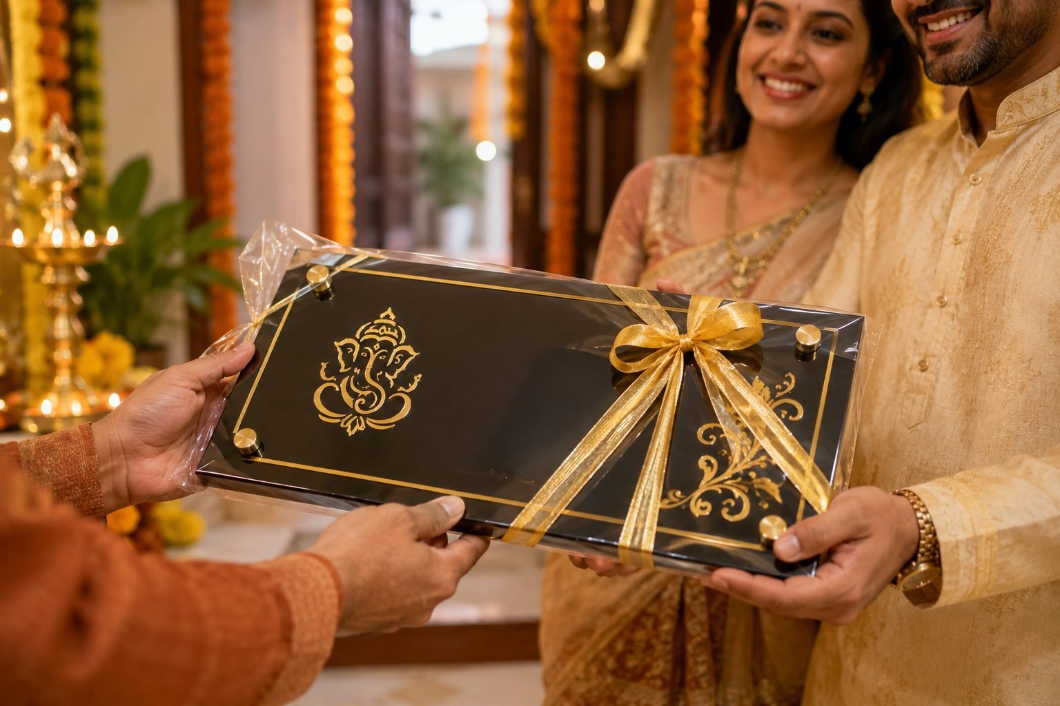 A personalised nameplate gift presented at an Indian griha pravesh celebration