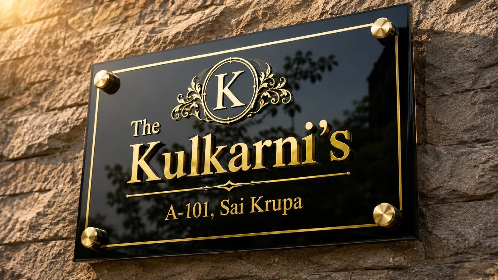 Main Gate Name Plate Designs: 20+ Ideas for Villas & Bungalows (2026) 2 Close-up of an acrylic house name board with bronze and gold raised solid letters