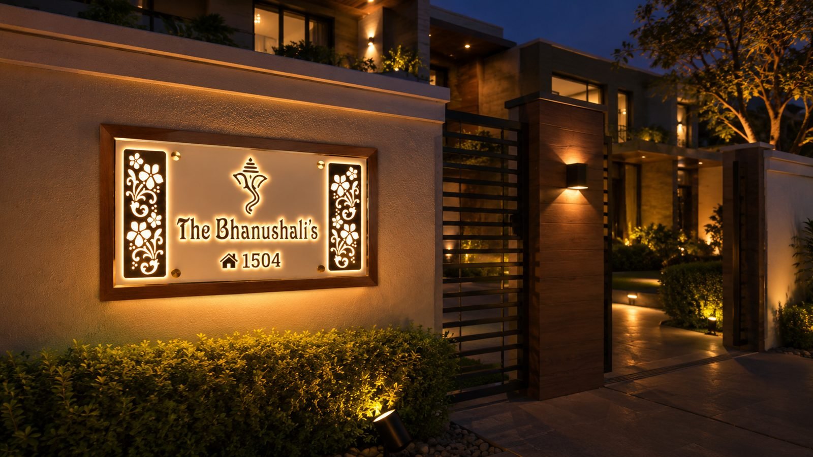 Main Gate Name Plate Designs: 20+ Ideas for Villas & Bungalows (2026) 3 LED backlit main gate name plate glowing at dusk on a modern villa entrance