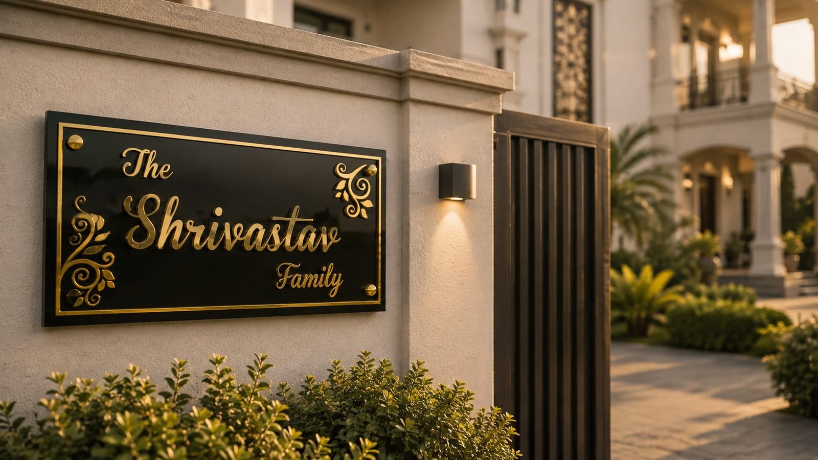 Main gate name plate design on a premium villa entrance - acrylic board with gold letters