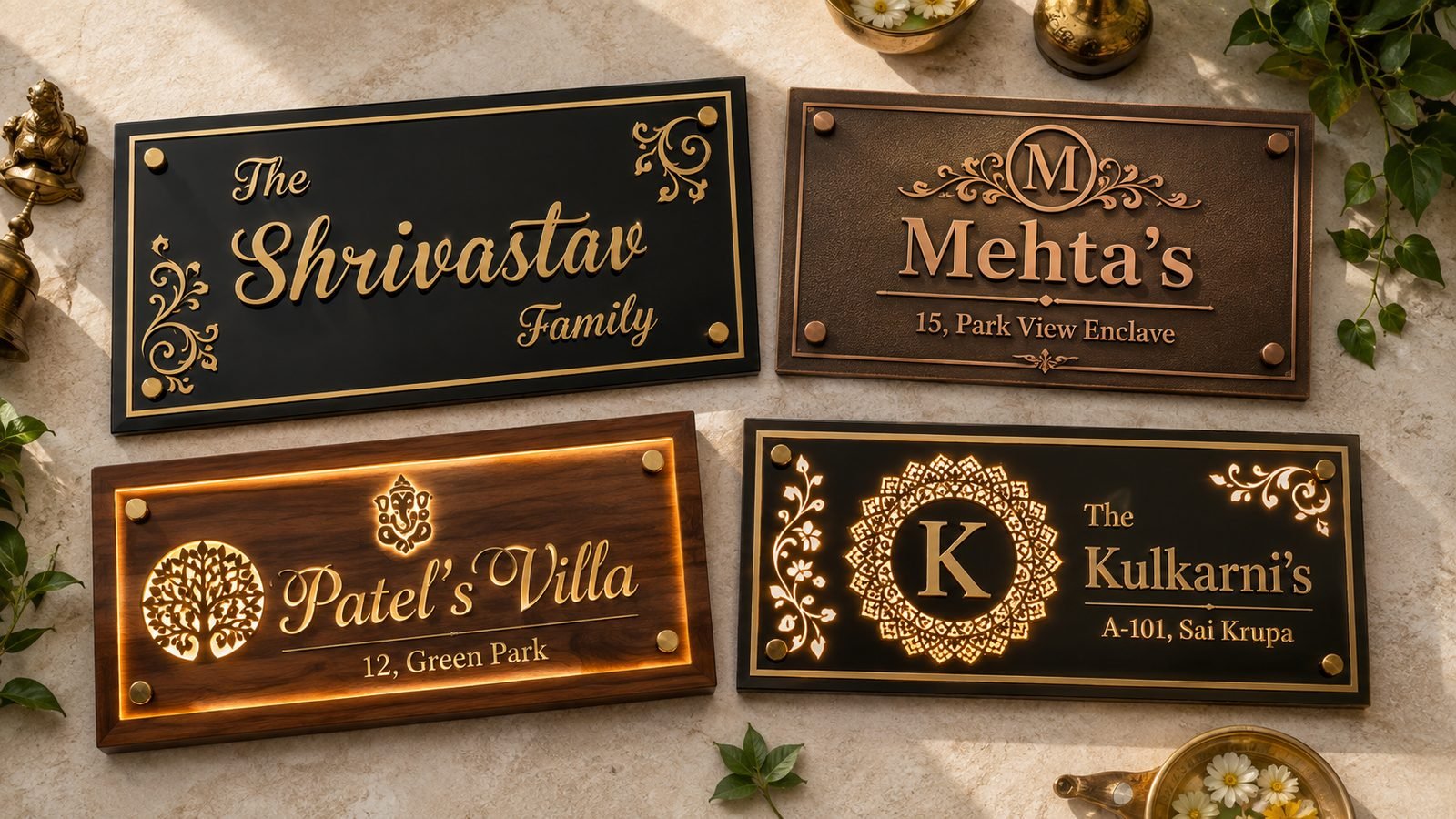 Main Gate Name Plate Designs: 20+ Ideas for Villas & Bungalows (2026) 4 A range of premium main gate name plate styles - acrylic, LED, wood and bronze