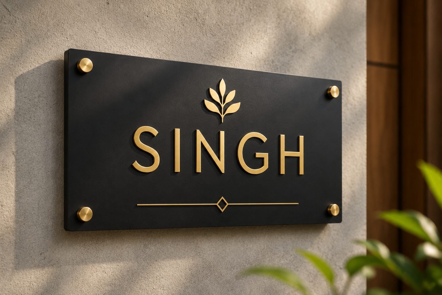 Modern & Minimalist Name Plate Designs: 20+ Ideas for 2026 2 Matte black acrylic name plate with clean gold letters - modern minimalist design close-up