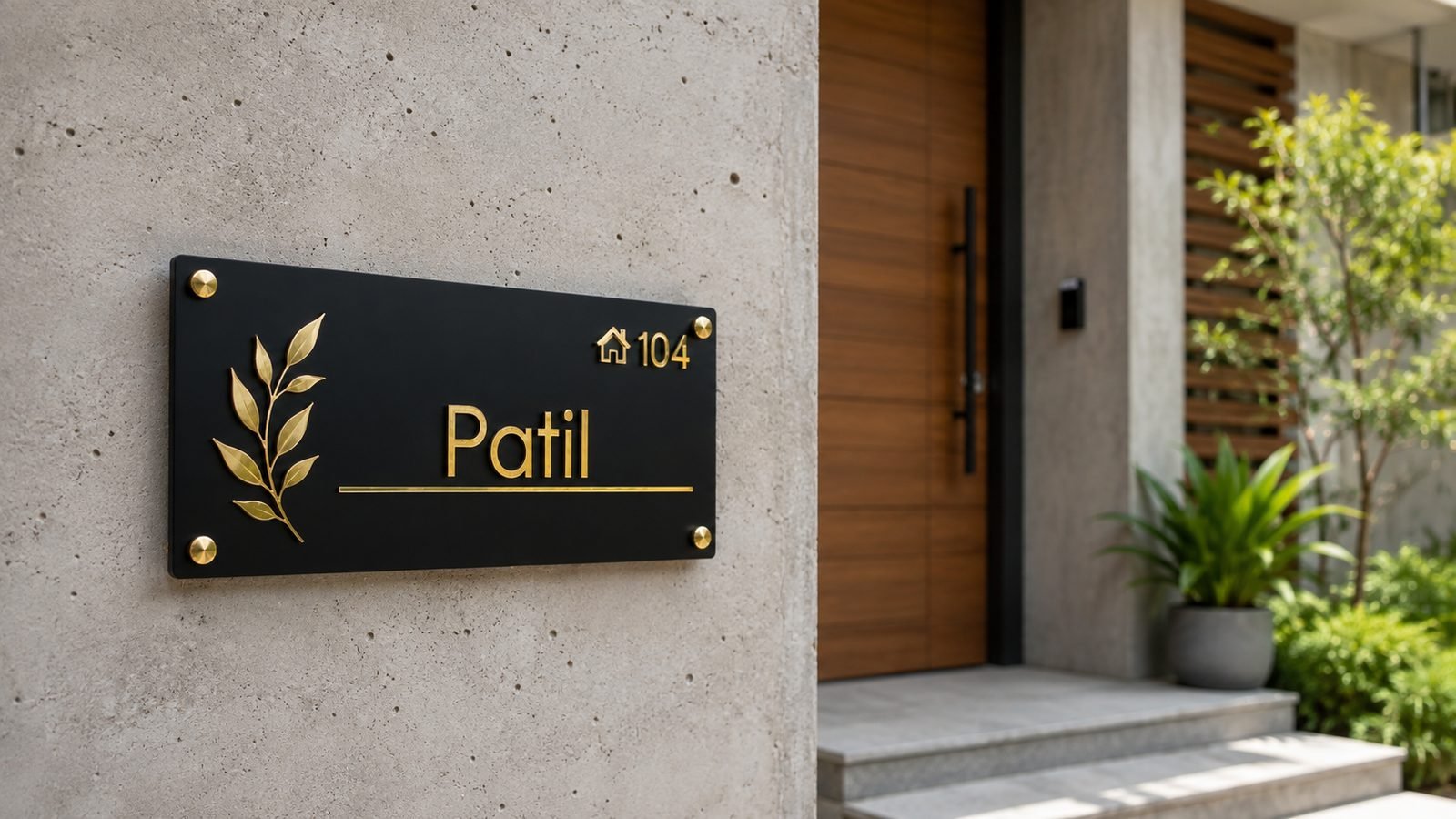 Modern minimalist name plate design - matte black acrylic plate on a contemporary home entrance