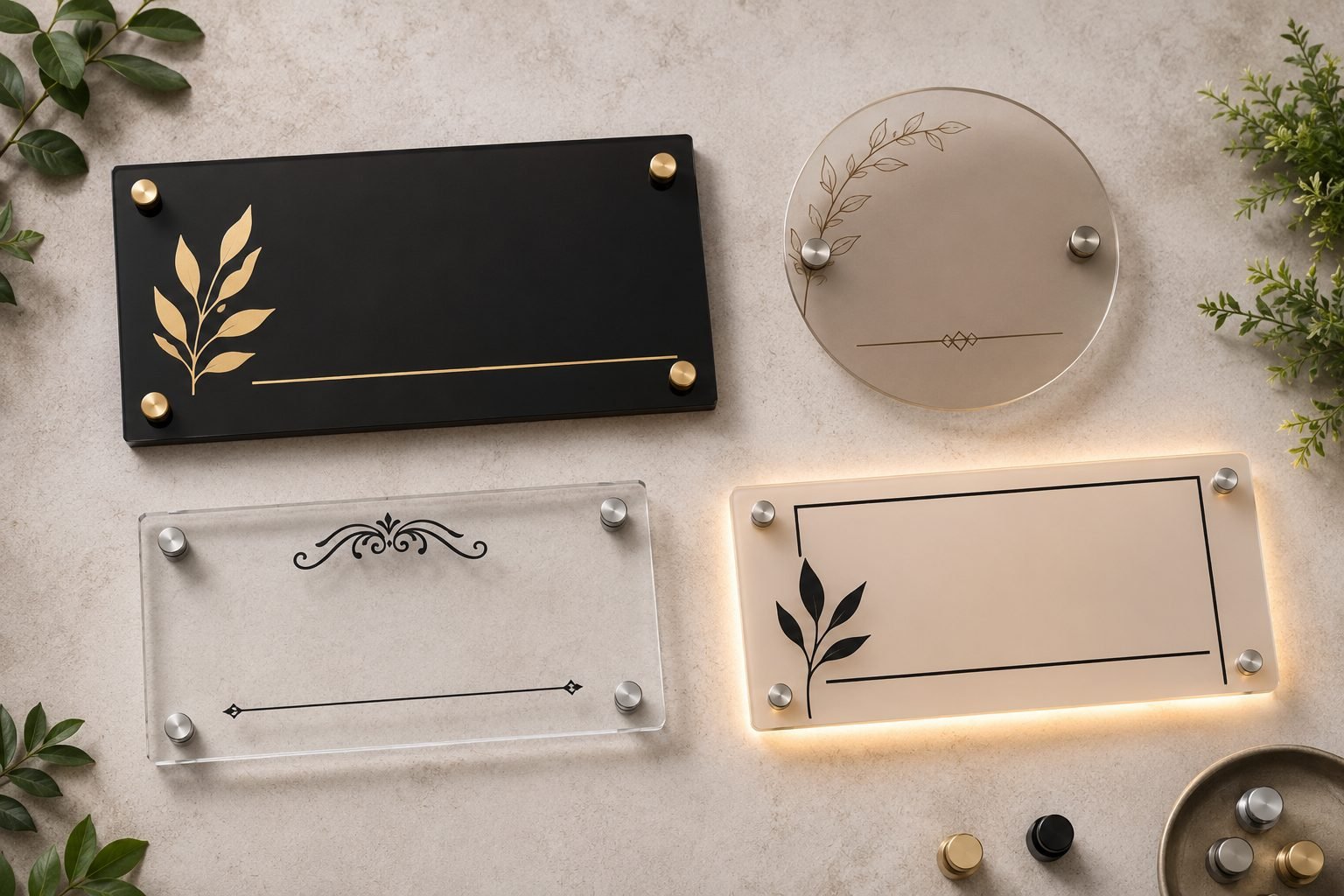 Modern & Minimalist Name Plate Designs: 20+ Ideas for 2026 4 A range of modern minimalist name plate styles - matte black, round, transparent and backlit