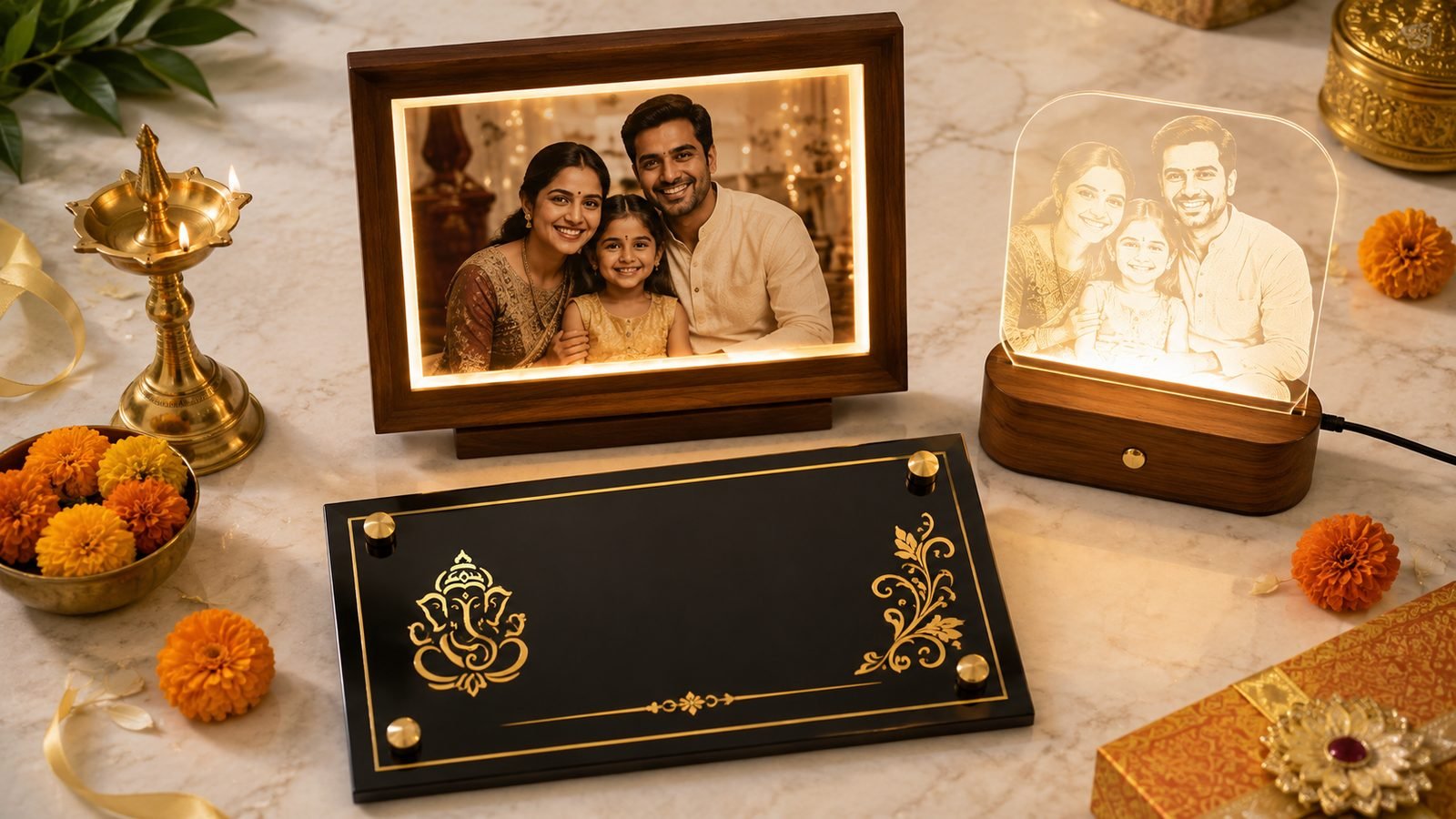 Personalised housewarming gift set - nameplate, LED photo frame and photo lamp