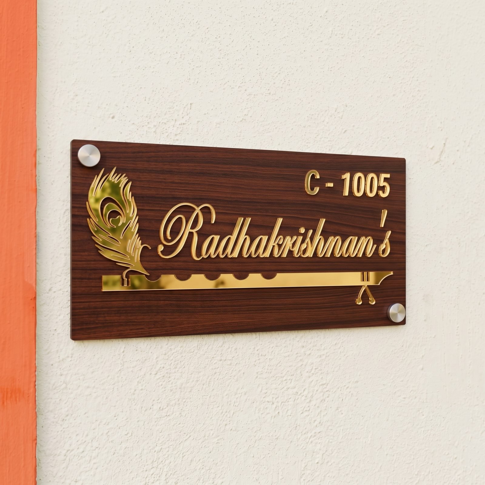 6x12 inch wooden acrylic home entrance name plate mounted beside a door