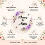 Round name plate for home features - 12 inch clear acrylic, reverse UV print, standoff mount and lavender floral design