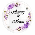 Round name plate for home - Anurag and Meena lavender floral design on transparent acrylic