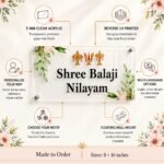 Transparent name plate for home features - 5mm clear acrylic, reverse UV print, standoff mount and Balaji devotional design