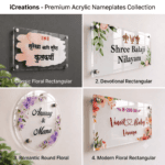 iCreations premium transparent acrylic name plate collection - Marathi, devotional, round floral and couple designs