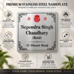 Customized square name plate (12x12 inch) in silver stainless steel, features infographic for the square plate