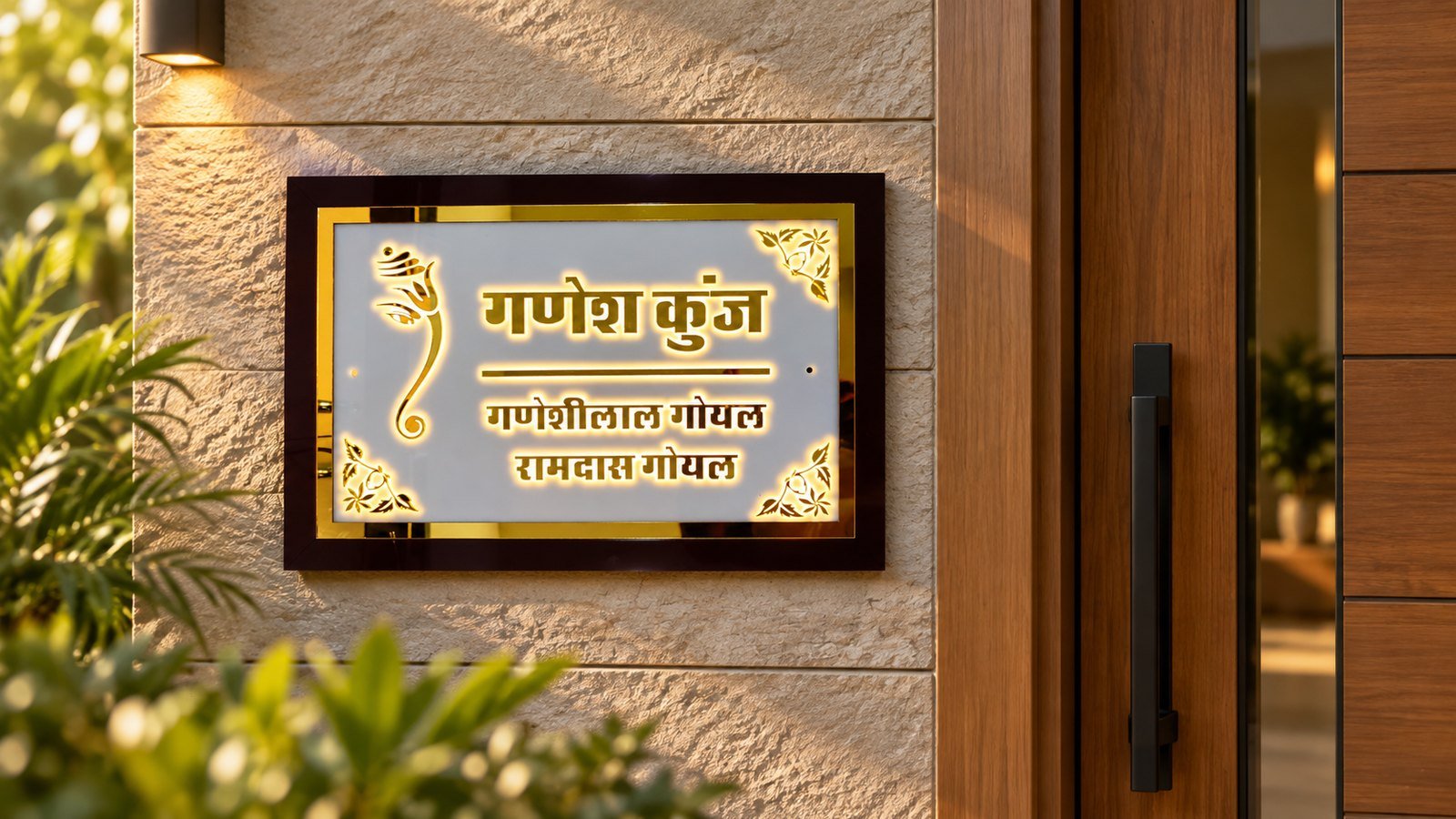 Hindi name plate design – गणेश कुंज Devanagari nameplate on a premium home entrance