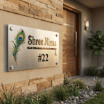 House name board (8x16 inch) in silver stainless steel, beside a house entrance door