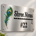 House name board (8x16 inch) in silver stainless steel, peacock design product shot