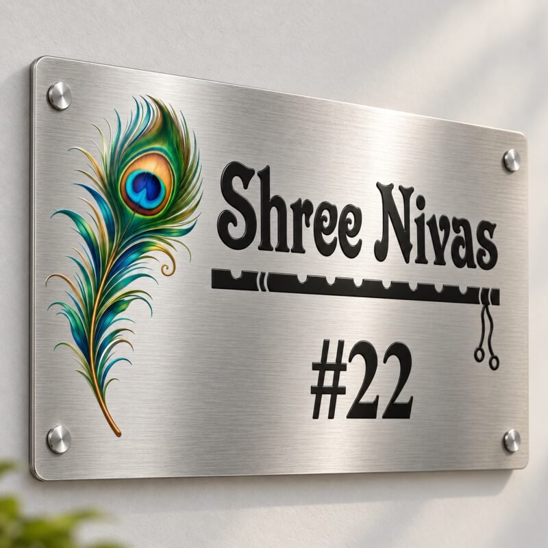 House name board (8x16 inch) in silver stainless steel, peacock design product shot