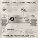 Name plate for office (4x12 inch) in silver stainless steel, features: 304 steel and UV printing