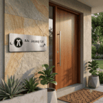 Name plate for office (4x12 inch) in silver stainless steel, on an outdoor home entrance