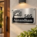 Stainless steel name plate for home (8x12 inch) in silver, on an outdoor home entrance