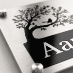 Stainless steel name plate for home (8x12 inch) in silver, close-up of the tree design lettering