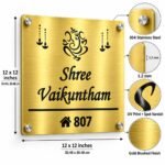 Customised name plate for home in golden brushed stainless steel, 12 by 12 inches, size and product features