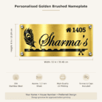 Metal name plate for home in golden brushed stainless steel, 6 by 12 inches, size and product features