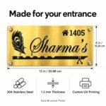 Metal name plate for home in golden brushed stainless steel, 6 by 12 inches, size and product features
