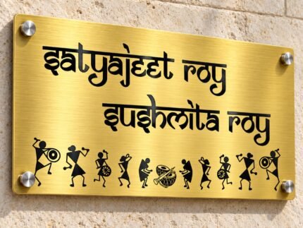 Name plate for home in golden brushed stainless steel, 8 by 16 inches, angled product view