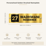 Name plate for office in golden brushed stainless steel, 4 by 12 inches, size and product features