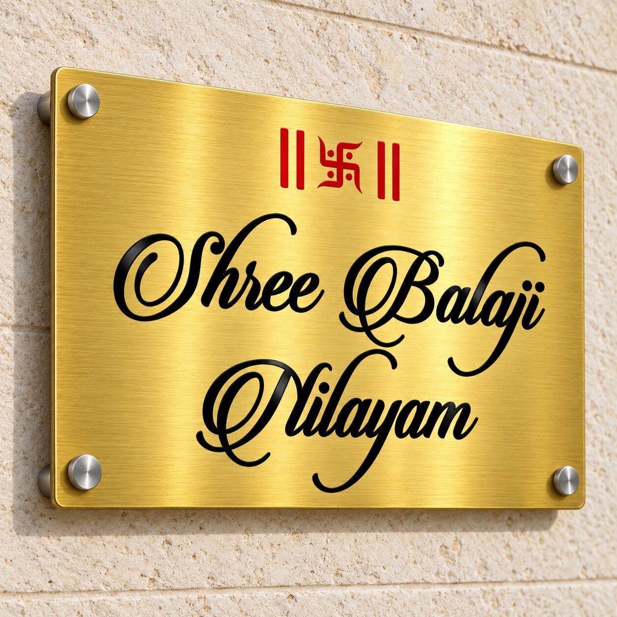 steel-name-plate-for-home-8x12-golden-brushed-angle-01 Steel name plate for home in golden brushed stainless steel, 8 by 12 inches, angled product view